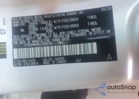 2020 Lexus Rx 350 z USA, uszkodzony, nr VIN 2T2HZMAA8LC169776